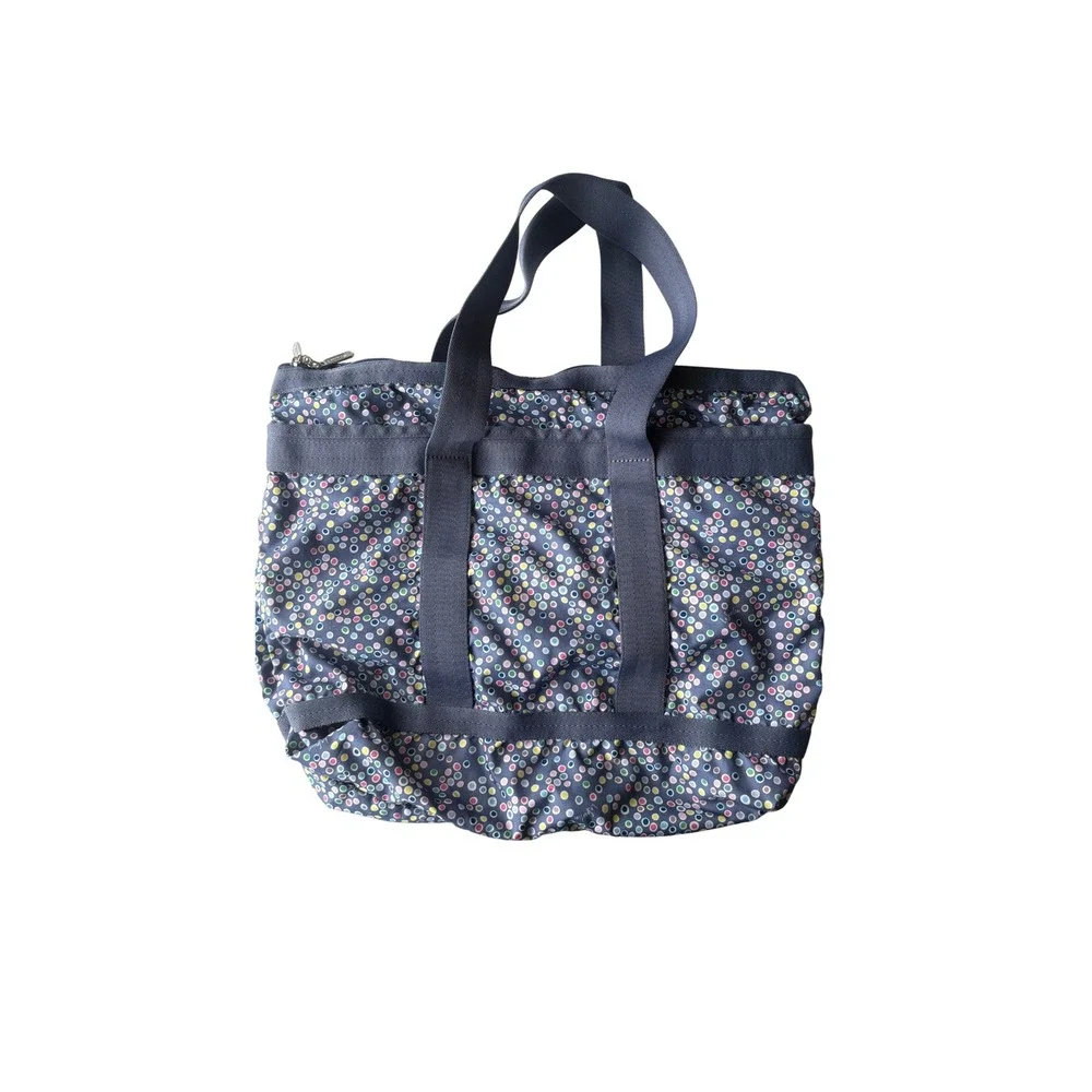 LeSportsac Gray Polka Dot Nylon Tote Bag Pink Lining Zip Pockets Travel Carryall